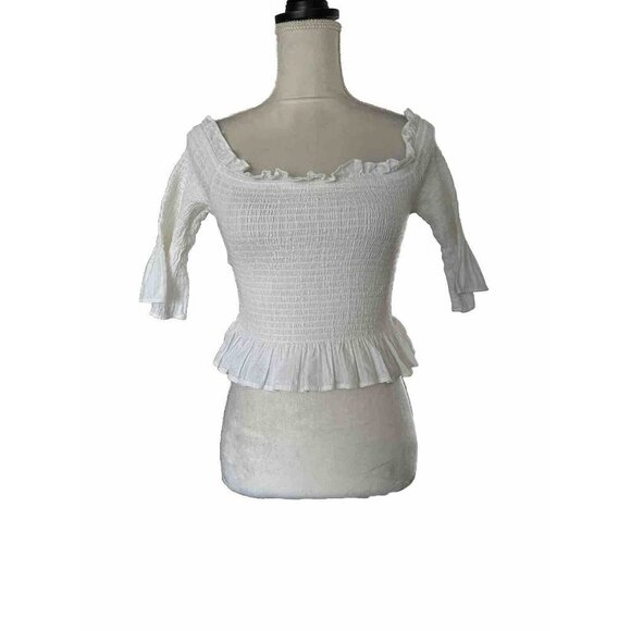 Moon River Peplum Style Smock Bustline White Crop Ruffle Neck Sz L Off Shoulder - Picture 2 of 8